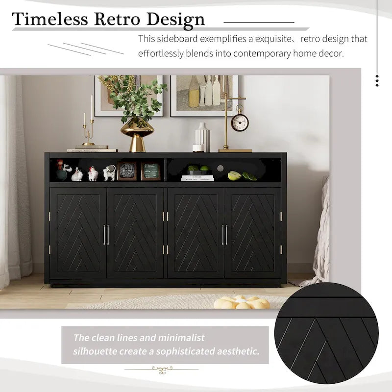 Smoke Blue 4-Door Sideboard Cabinet with Open Shelves and Chevron Doors