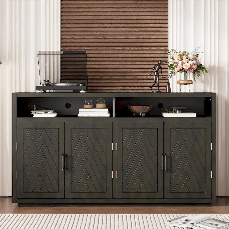 Smoke Blue 4-Door Sideboard Cabinet with Open Shelves and Chevron Doors
