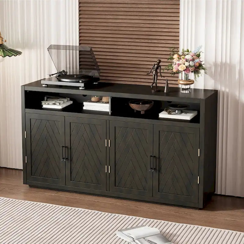 Smoke Blue 4-Door Sideboard Cabinet with Open Shelves and Chevron Doors