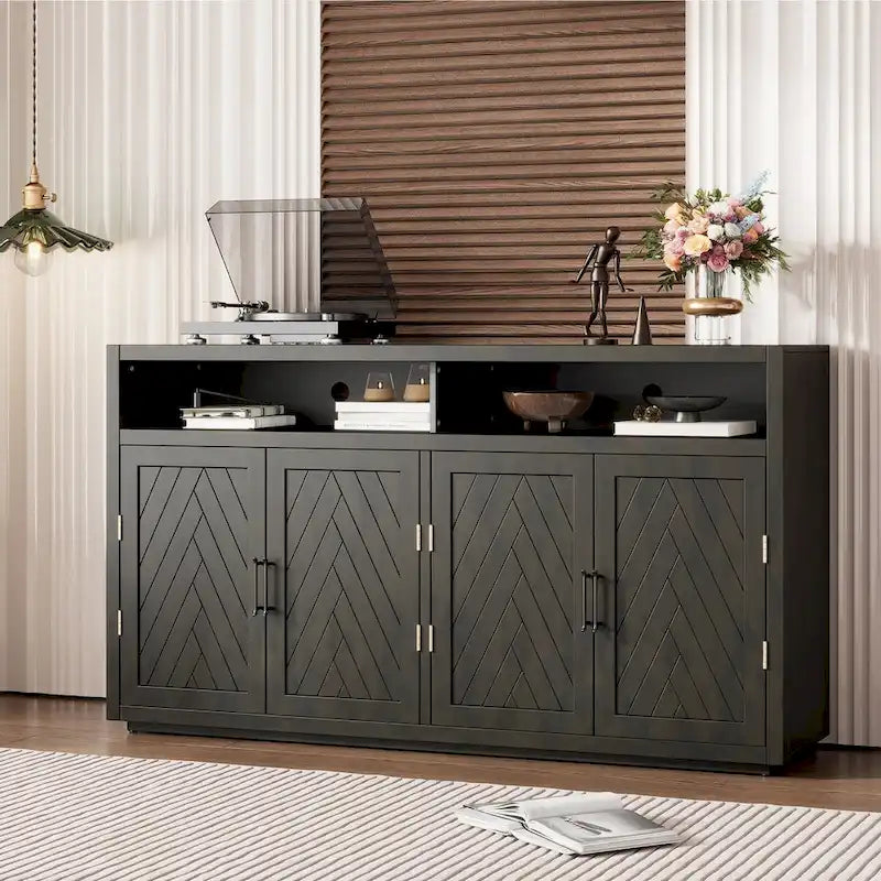 Smoke Blue 4-Door Sideboard Cabinet with Open Shelves and Chevron Doors