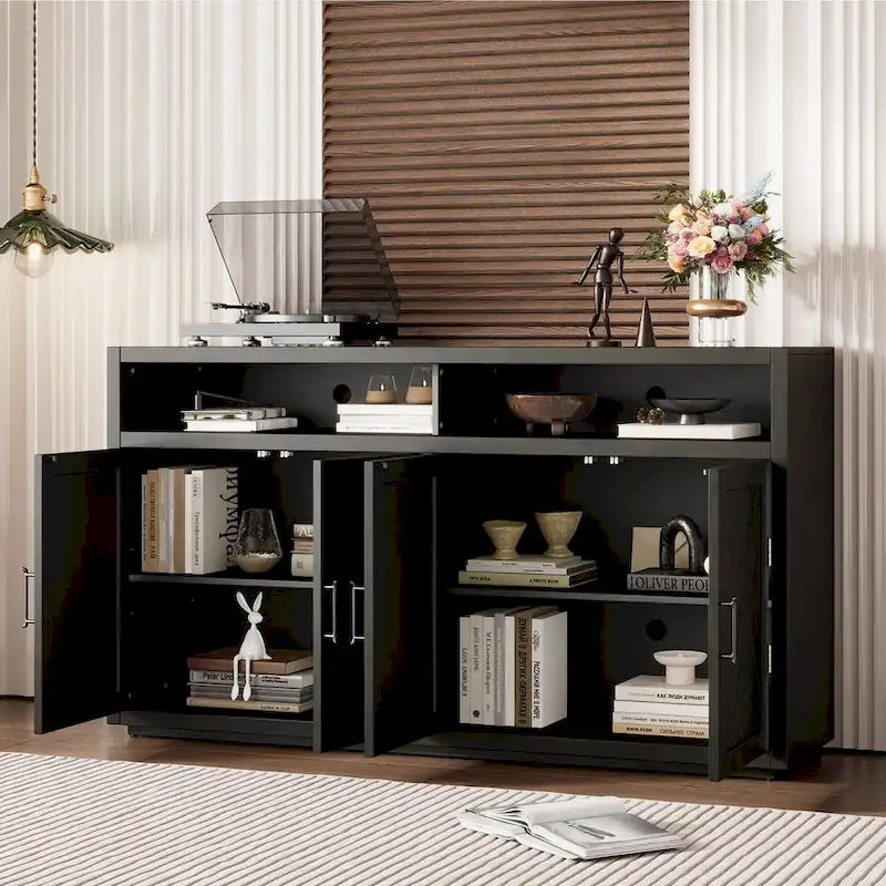 Smoke Blue 4-Door Sideboard Cabinet with Open Shelves and Chevron Doors