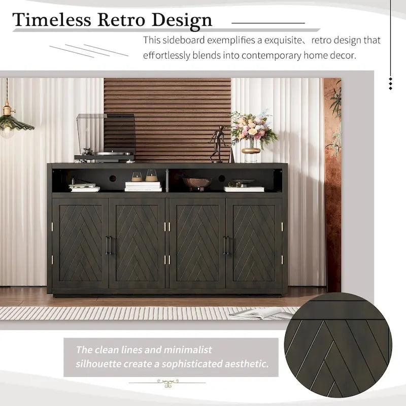 Smoke Blue 4-Door Sideboard Cabinet with Open Shelves and Chevron Doors