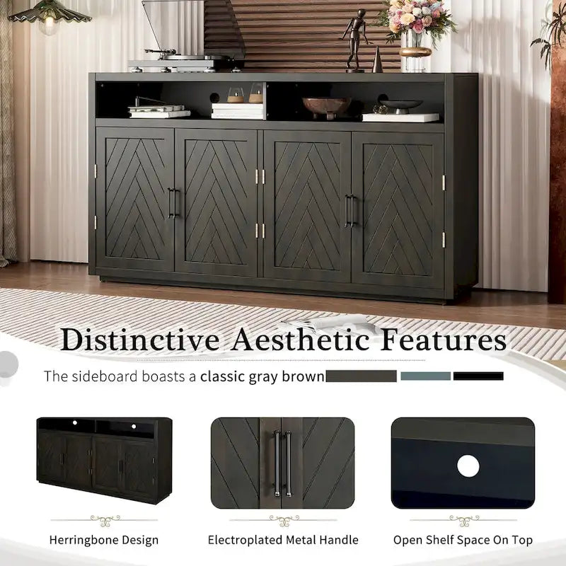 Smoke Blue 4-Door Sideboard Cabinet with Open Shelves and Chevron Doors