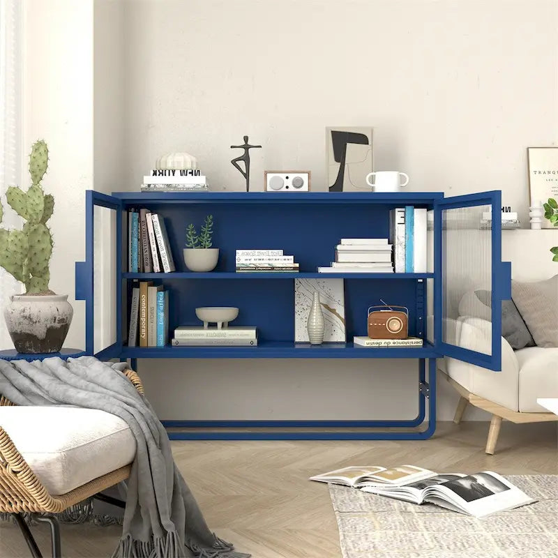 Blue Fluted Glass Door Metal Sideboard Storage Cabinet White