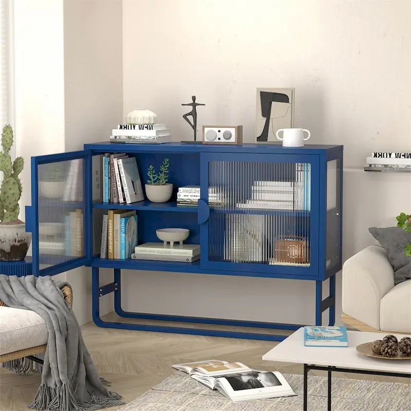 Blue Fluted Glass Door Metal Sideboard Storage Cabinet White