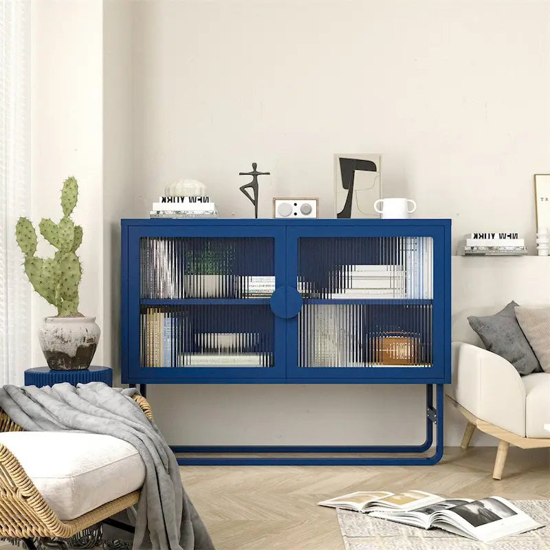 Blue Fluted Glass Door Metal Sideboard Storage Cabinet White