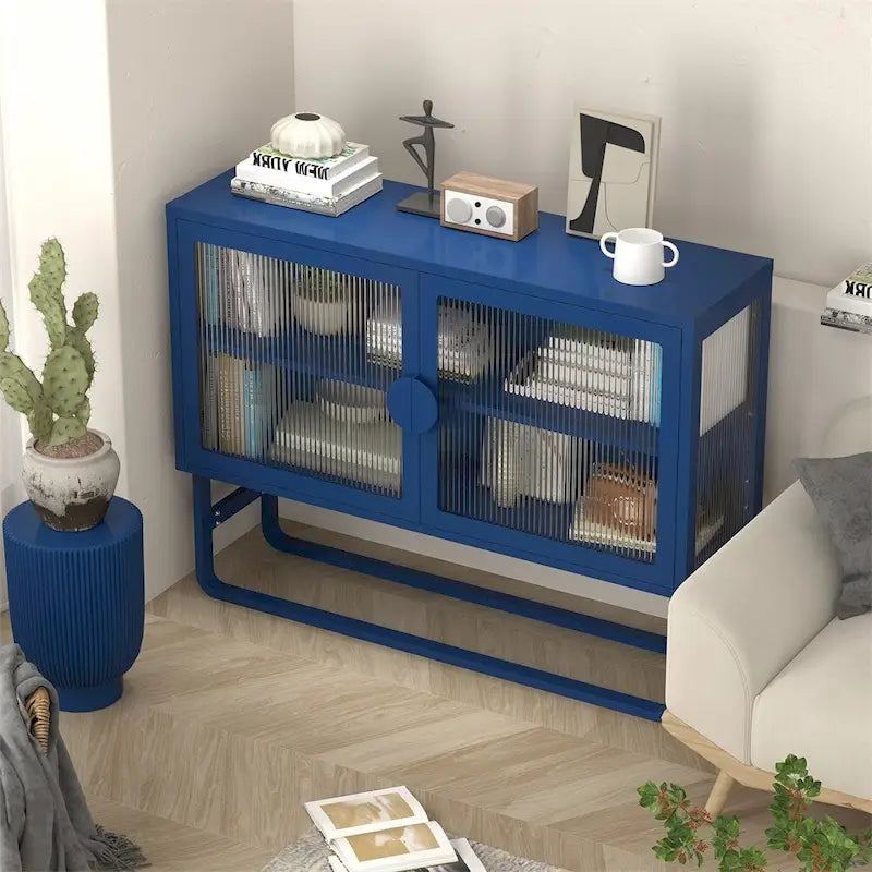 Blue Fluted Glass Door Metal Sideboard Storage Cabinet White