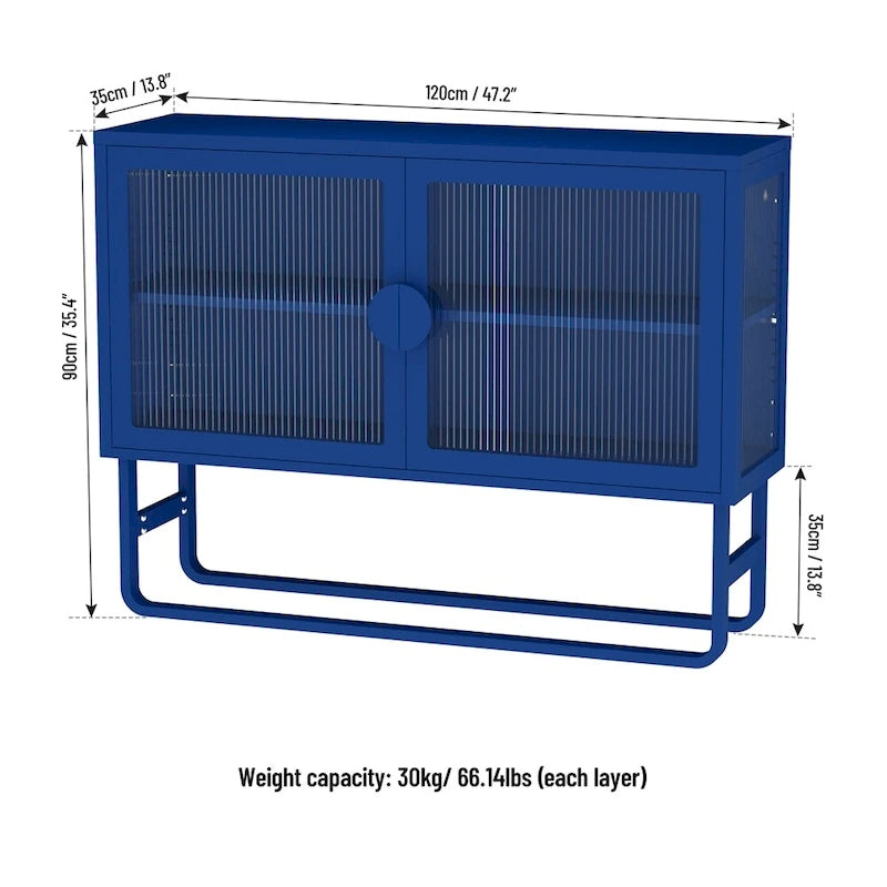 Blue Fluted Glass Door Metal Sideboard Storage Cabinet White