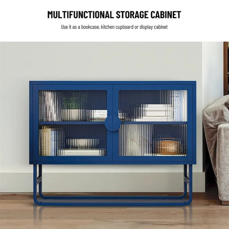 Blue Fluted Glass Door Metal Sideboard Storage Cabinet White