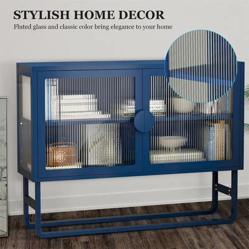 Blue Fluted Glass Door Metal Sideboard Storage Cabinet White