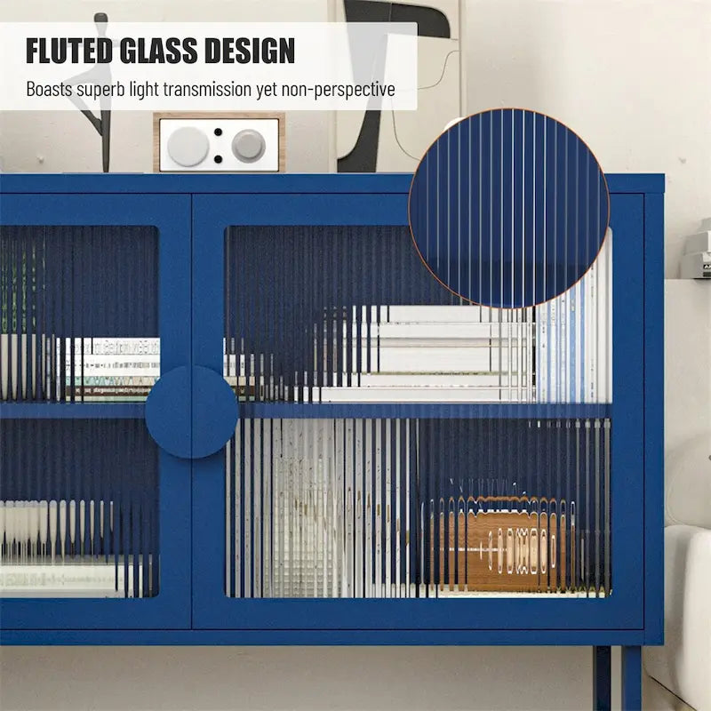 Blue Fluted Glass Door Metal Sideboard Storage Cabinet White