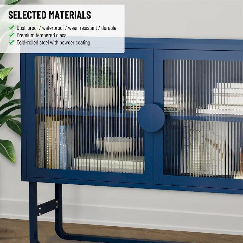 Blue Fluted Glass Door Metal Sideboard Storage Cabinet White