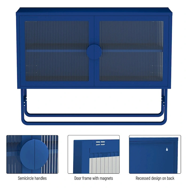 Blue Fluted Glass Door Metal Sideboard Storage Cabinet White