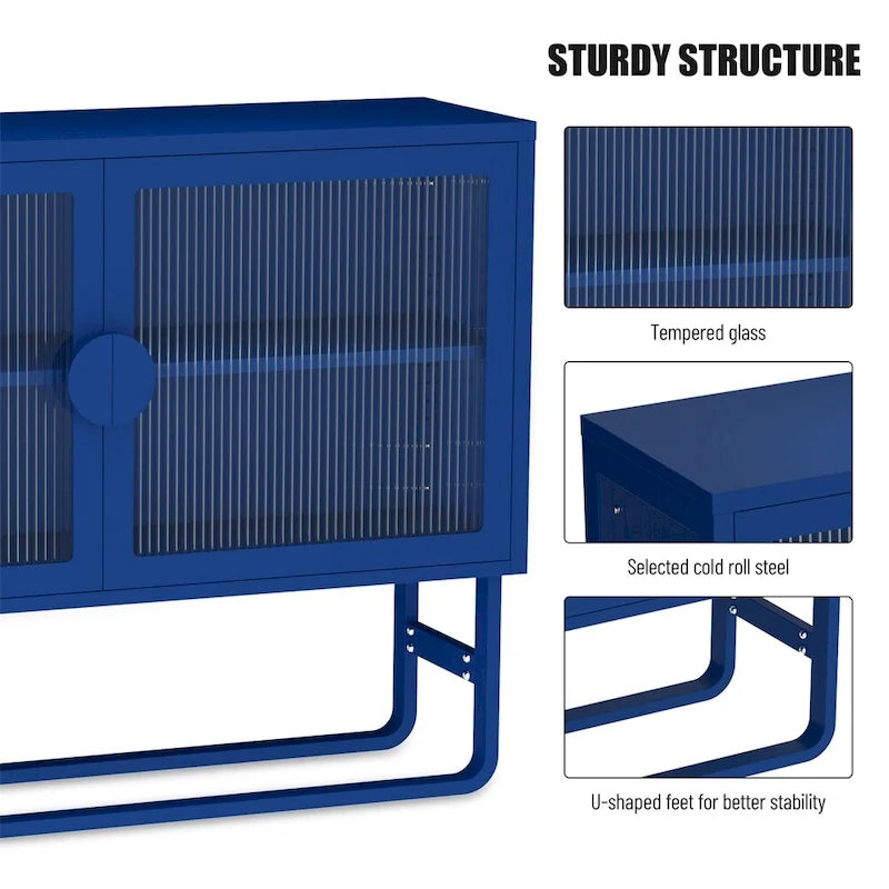 Blue Fluted Glass Door Metal Sideboard Storage Cabinet White