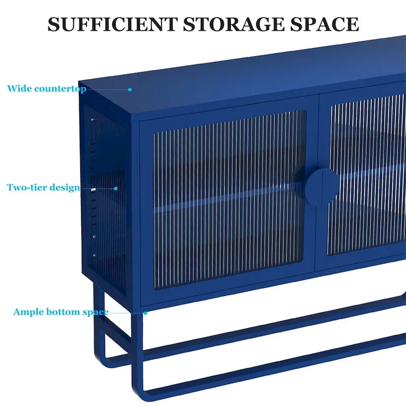 Blue Fluted Glass Door Metal Sideboard Storage Cabinet White