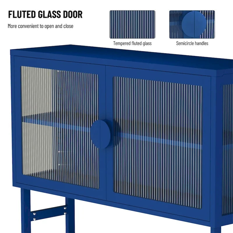 Blue Fluted Glass Door Metal Sideboard Storage Cabinet White