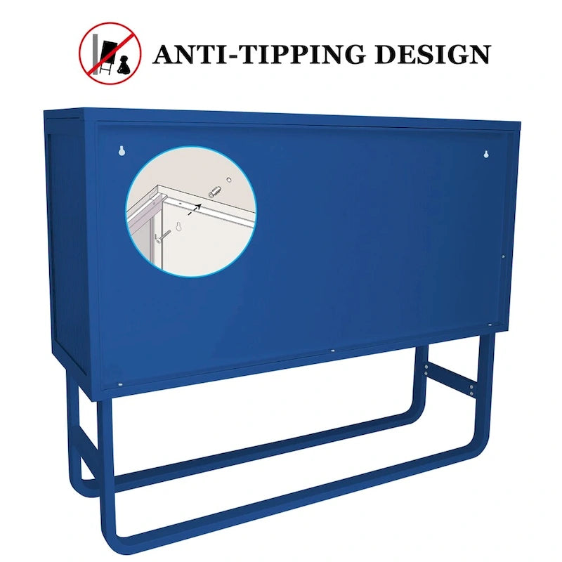 Blue Fluted Glass Door Metal Sideboard Storage Cabinet White