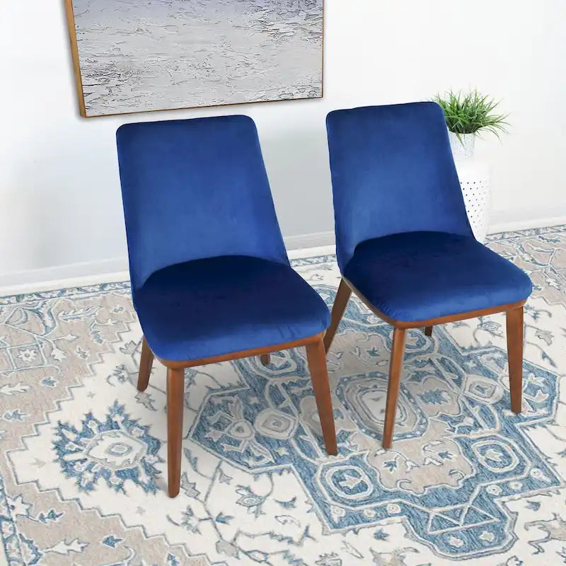 Mid-Century Modern Velvet Dining Chair Cushioned Back Walnut Legs Beige Navy