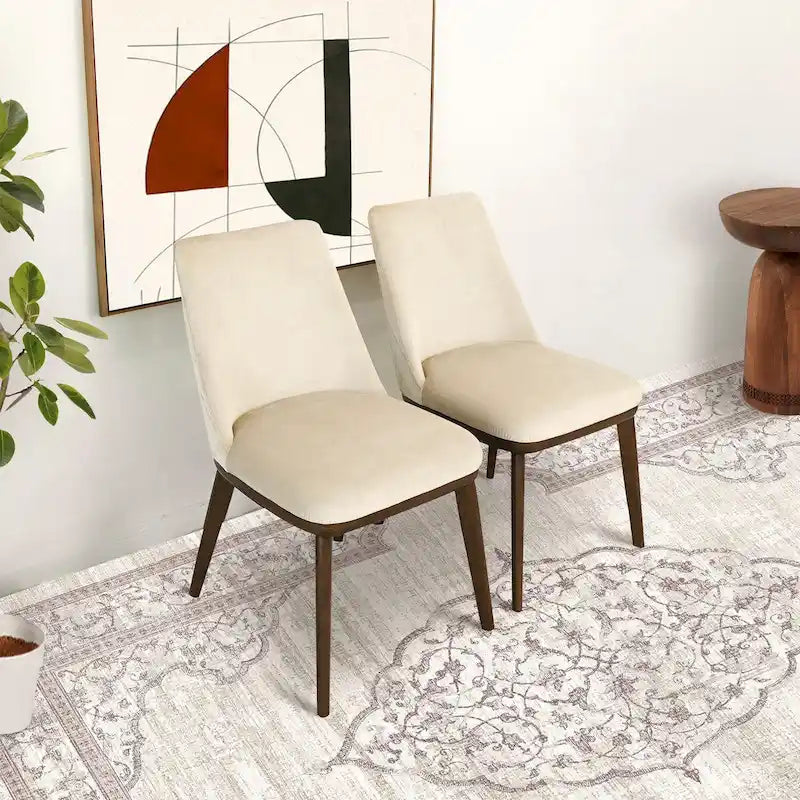 Mid-Century Modern Velvet Dining Chair Cushioned Back Walnut Legs Beige Navy