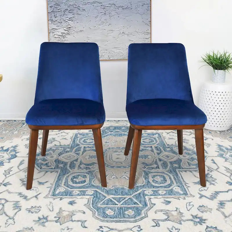 Mid-Century Modern Velvet Dining Chair Cushioned Back Walnut Legs Beige Navy