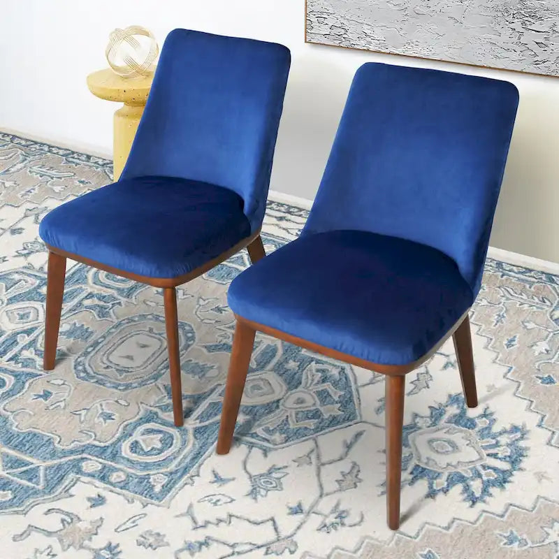 Mid-Century Modern Velvet Dining Chair Cushioned Back Walnut Legs Beige Navy