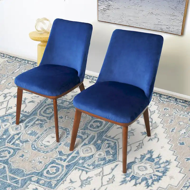 Mid-Century Modern Velvet Dining Chair Cushioned Back Walnut Legs Beige Navy