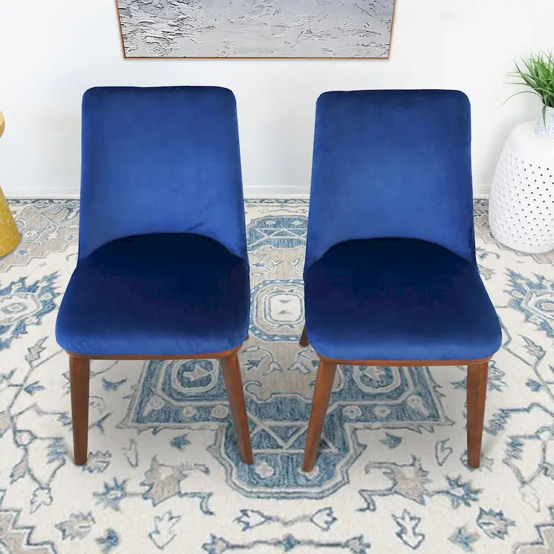 Mid-Century Modern Velvet Dining Chair Cushioned Back Walnut Legs Beige Navy