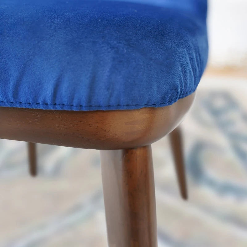 Mid-Century Modern Velvet Dining Chair Cushioned Back Walnut Legs Beige Navy