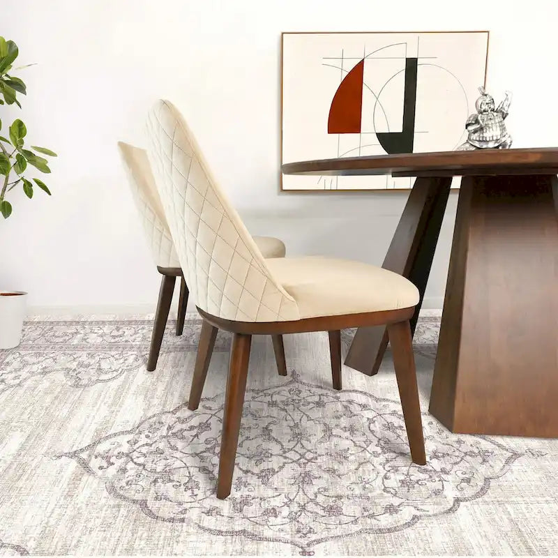 Mid-Century Modern Velvet Dining Chair Cushioned Back Walnut Legs Beige Navy