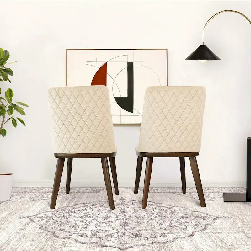 Mid-Century Modern Velvet Dining Chair Cushioned Back Walnut Legs Beige Navy