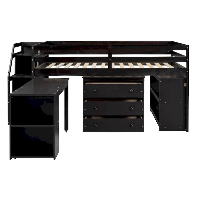 Full Size Loft Bed with Retractable Desk, Drawers, Shelves, Espresso/Gray/White