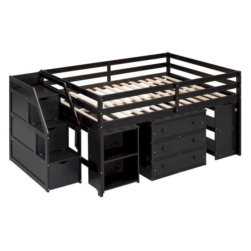 Full Size Loft Bed with Retractable Desk, Drawers, Shelves, Espresso/Gray/White