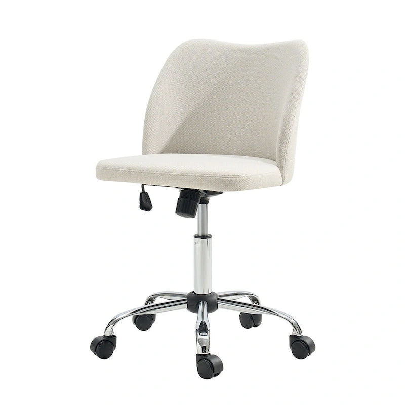 Fauteuil de bureau rembourré sans accoudoirs, avec hauteur réglable et roulettes.