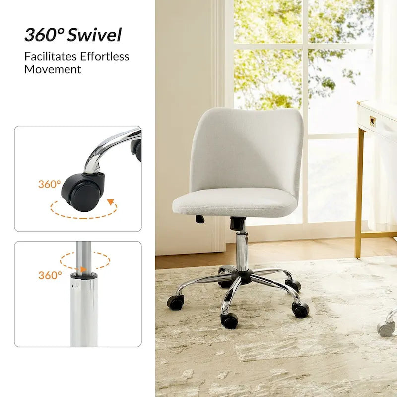 Fauteuil de bureau rembourré sans accoudoirs, avec hauteur réglable et roulettes.