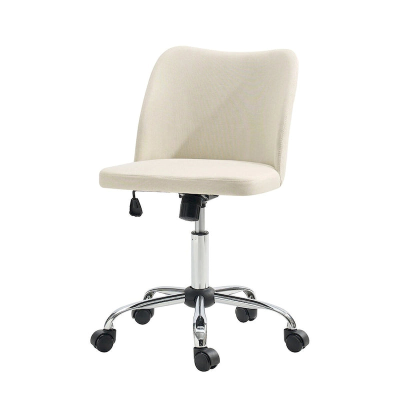 Fauteuil de bureau rembourré sans accoudoirs, avec hauteur réglable et roulettes.