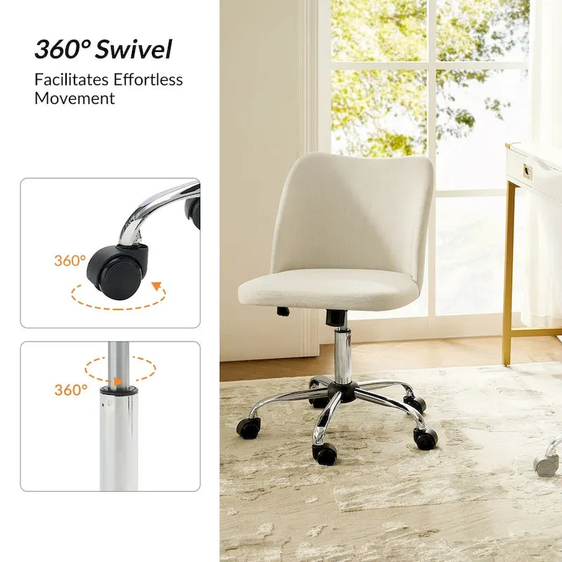 Fauteuil de bureau rembourré sans accoudoirs, avec hauteur réglable et roulettes.