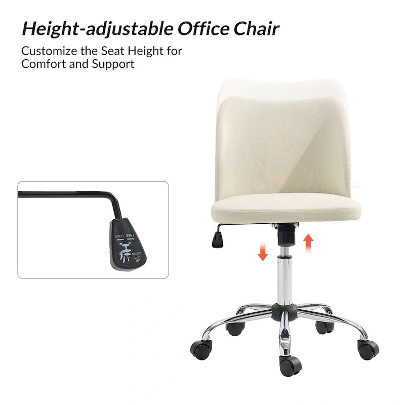 Fauteuil de bureau rembourré sans accoudoirs, avec hauteur réglable et roulettes.