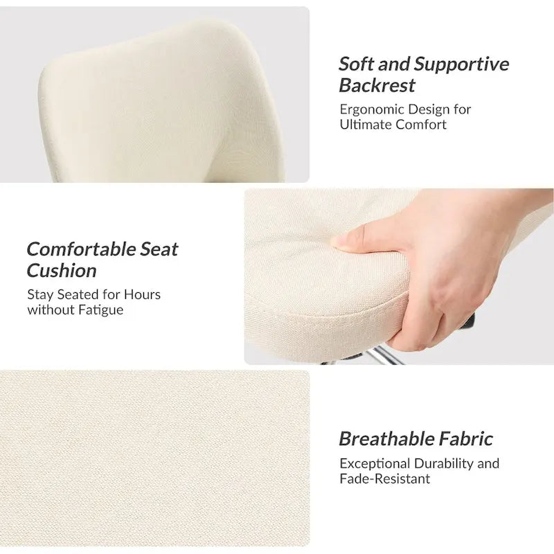 Fauteuil de bureau rembourré sans accoudoirs, avec hauteur réglable et roulettes.