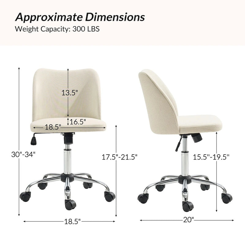 Fauteuil de bureau rembourré sans accoudoirs, avec hauteur réglable et roulettes.