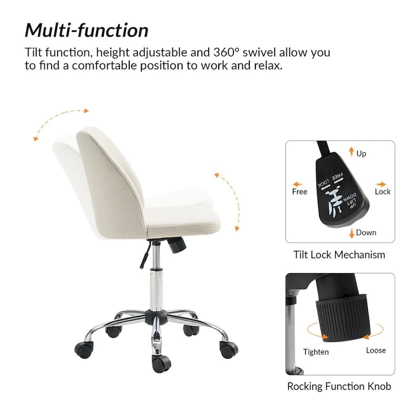 Fauteuil de bureau rembourré sans accoudoirs, avec hauteur réglable et roulettes.