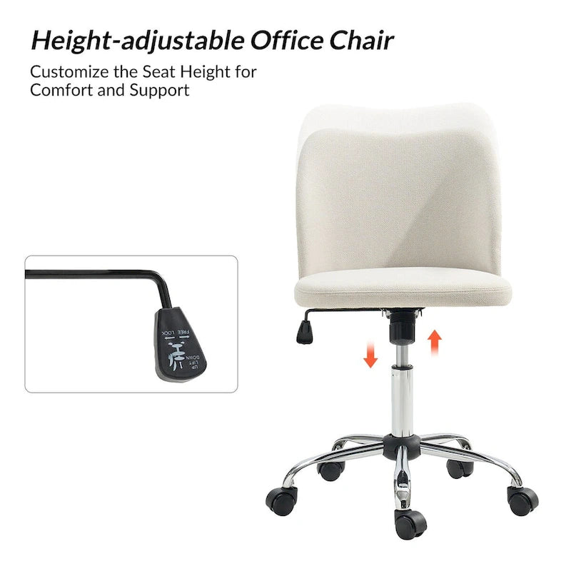 Fauteuil de bureau rembourré sans accoudoirs, avec hauteur réglable et roulettes.