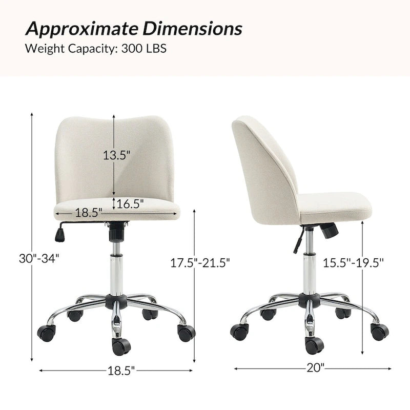 Fauteuil de bureau rembourré sans accoudoirs, avec hauteur réglable et roulettes.