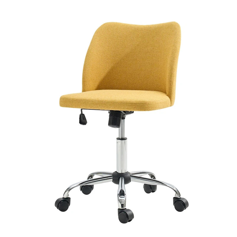 Fauteuil de bureau rembourré sans accoudoirs, avec hauteur réglable et roulettes.