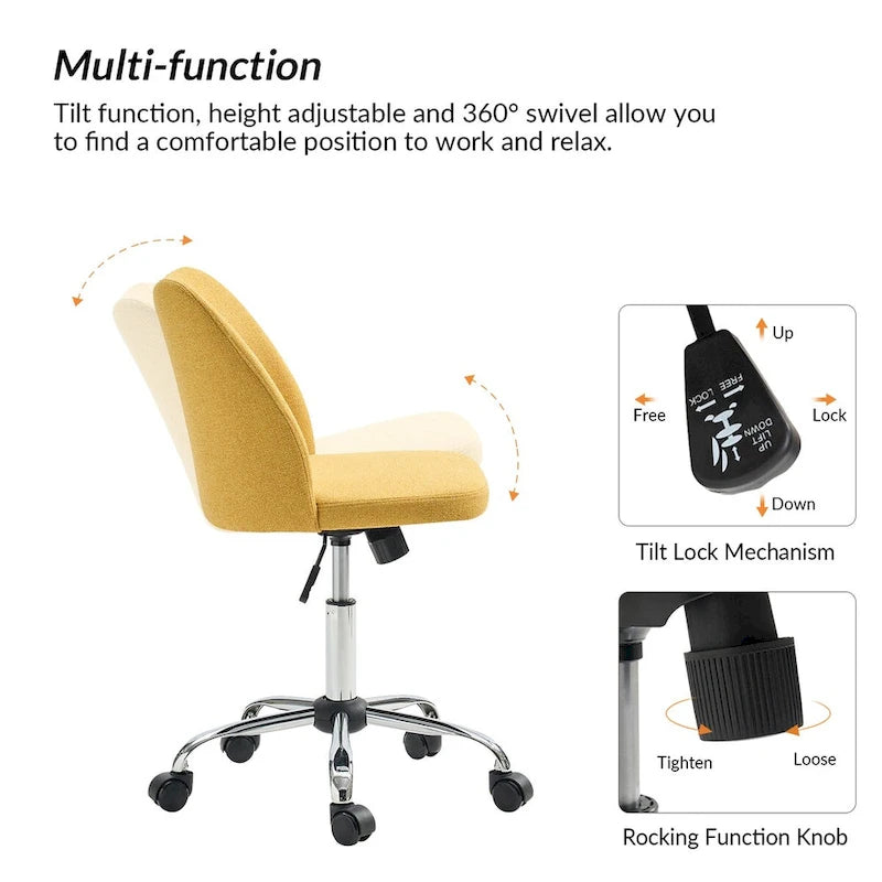 Fauteuil de bureau rembourré sans accoudoirs, avec hauteur réglable et roulettes.