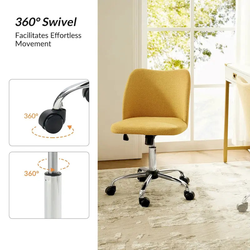 Fauteuil de bureau rembourré sans accoudoirs, avec hauteur réglable et roulettes.