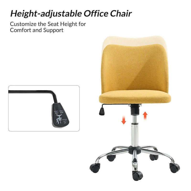 Fauteuil de bureau rembourré sans accoudoirs, avec hauteur réglable et roulettes.