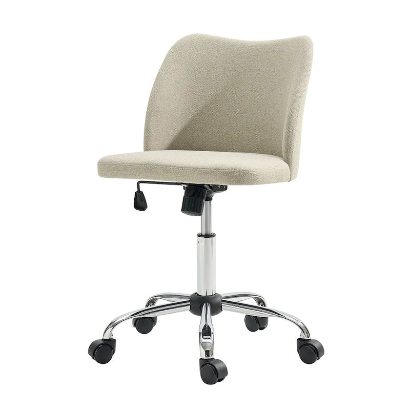 Fauteuil de bureau rembourré sans accoudoirs, avec hauteur réglable et roulettes.