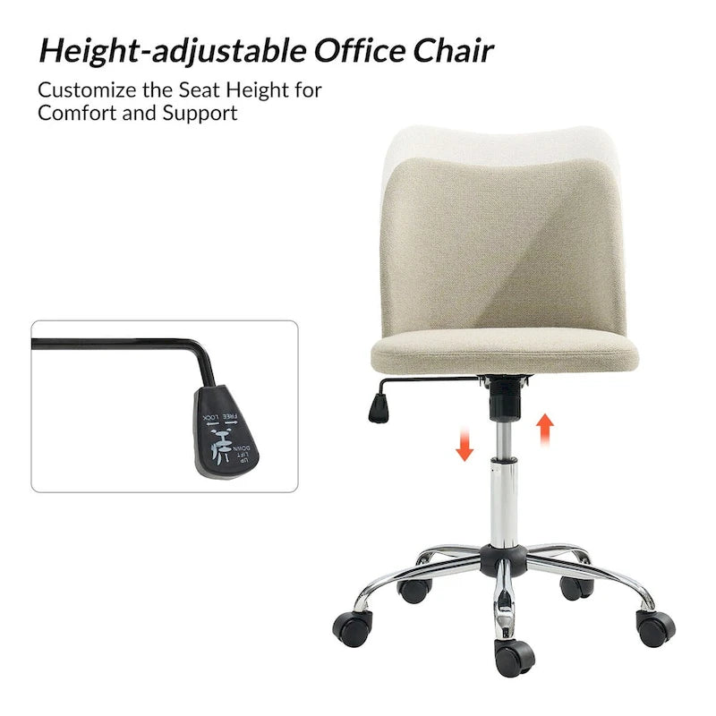 Fauteuil de bureau rembourré sans accoudoirs, avec hauteur réglable et roulettes.