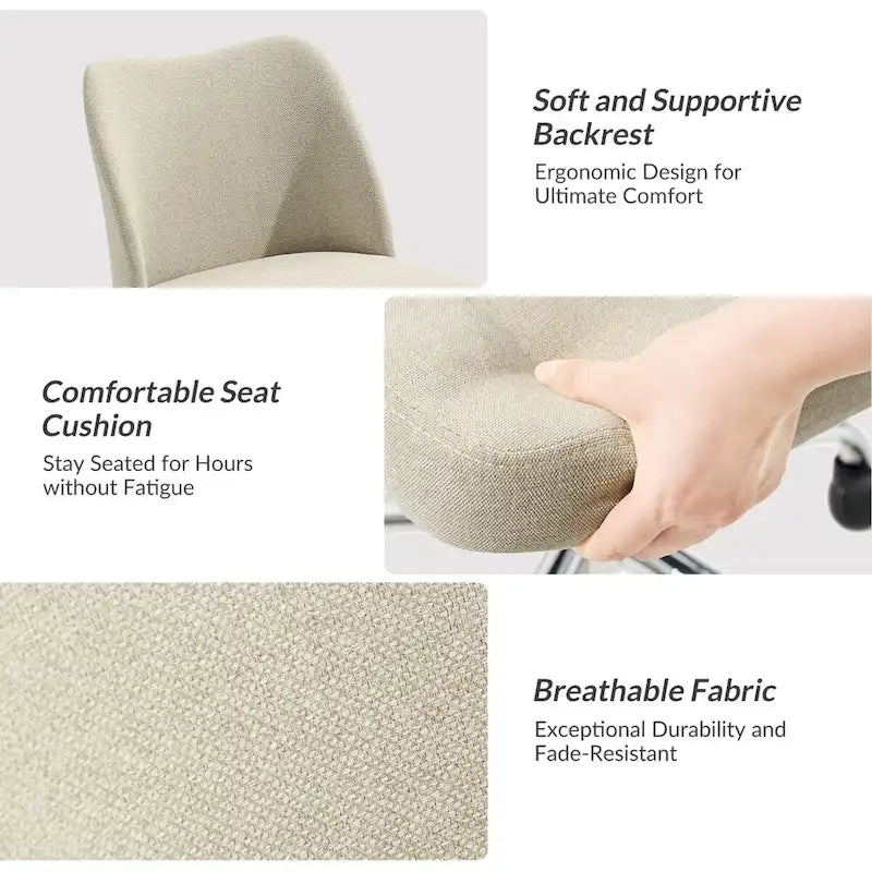 Fauteuil de bureau rembourré sans accoudoirs, avec hauteur réglable et roulettes.