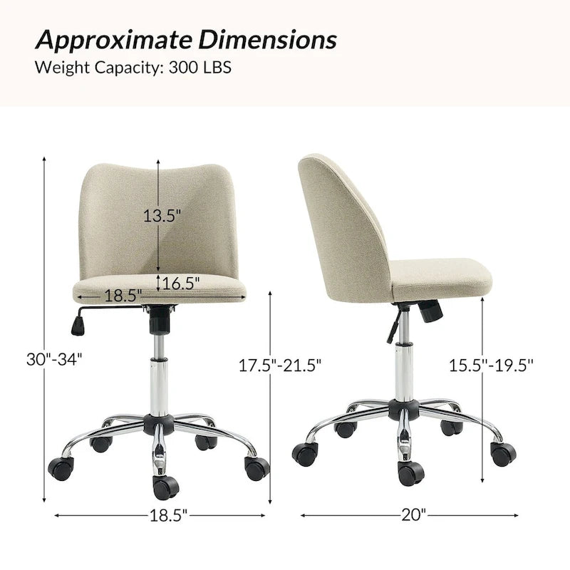 Fauteuil de bureau rembourré sans accoudoirs, avec hauteur réglable et roulettes.
